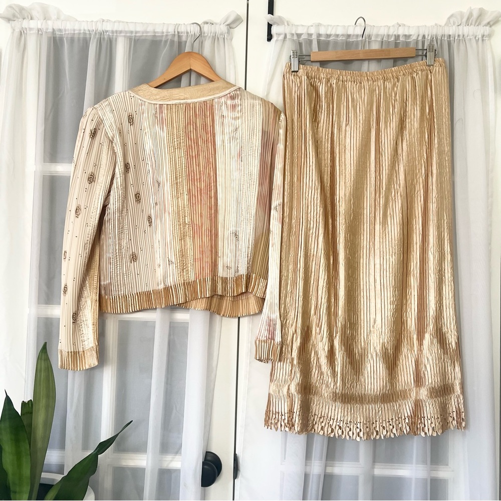 Jeanne Marc Vintage Pleated Blazer Jacket and Laser Cut Skirt Set Sz Medium - Picture 7 of 16